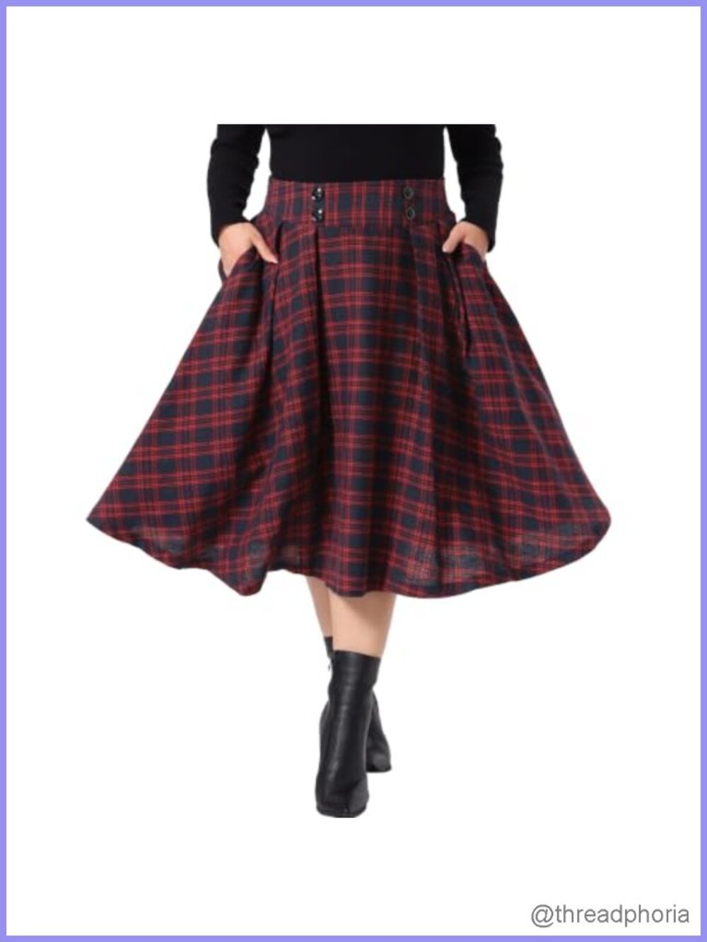 Plus Size High Waist A Line Plaid Skirt Pockets Vintage